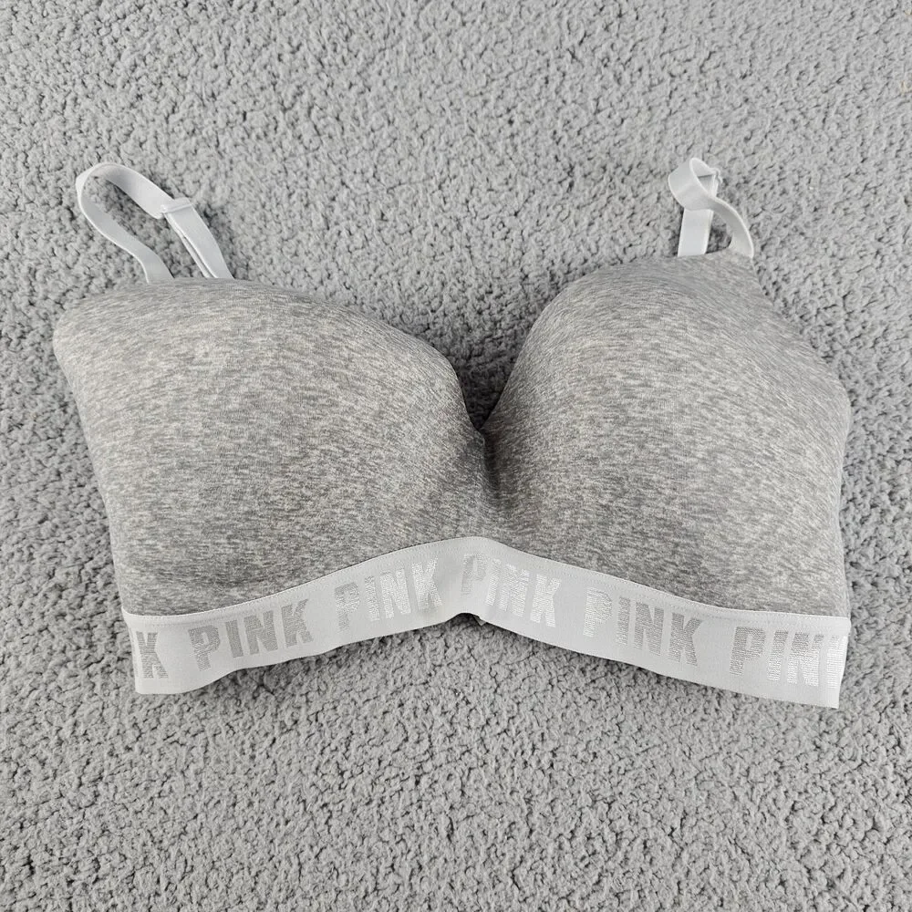 PINK Victoria Secret T Shirt Bra 36DD Gray Wireless E80